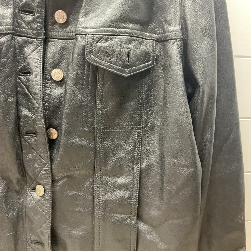Jones Jeans Black Leather Trucker Jacket Womens Large Button Front Collared L - Picture 4 of 6